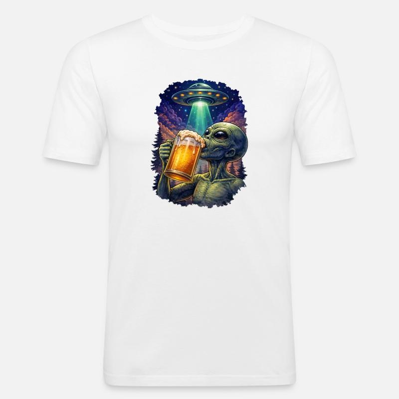 Rumvæsen drikker øl UFO - Herre Slim Fit T-Shirt - hvid