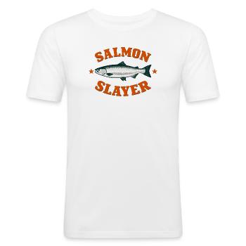 Funny Salmon Slayer Fishing Humor - Men's Slim Fit T-Shirt - white - Front - Nik (191cm)
