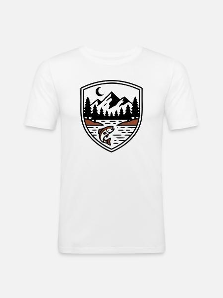 Mountains Forest Fish Shield Logo - Men's Slim Fit T-Shirt - white