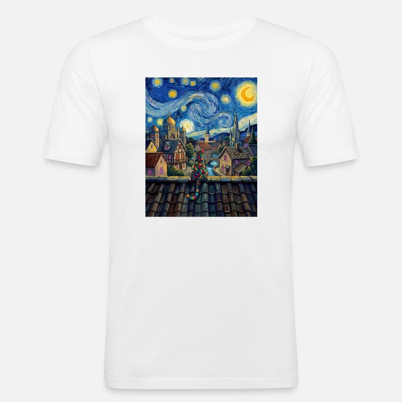 Regenbogenkatze Sternennacht Van Gogh Kunst - Männer Slim Fit T-Shirt - Weiß