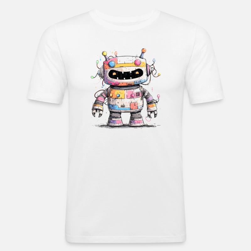 Bunter Roboter mit Farbspritzern - Männer Slim Fit T-Shirt - Weiß