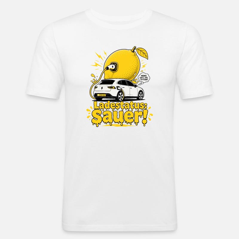 Ladestatus Sauer, E Auto Satire. - Männer Slim Fit T-Shirt - Weiß