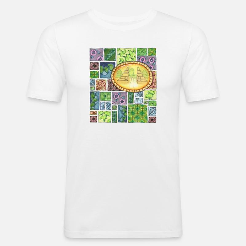 Bali temple on pattern patchwork - Männer Slim Fit T-Shirt - Weiß