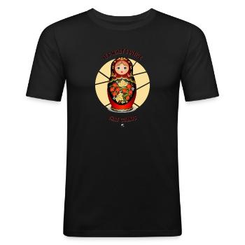 Matrjoschka Puppe Abbildung mit Inschrift - Männer Slim Fit T-Shirt - Schwarz - Vorne - Nik (191cm)