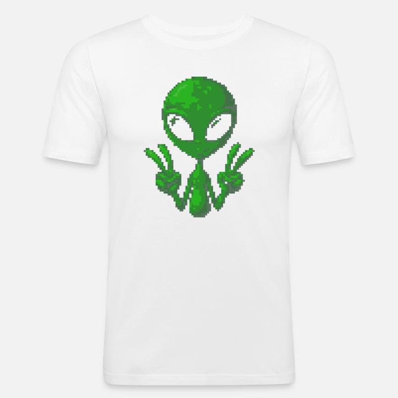 Pixel Alien Friedenszeichen - Männer Slim Fit T-Shirt - Weiß