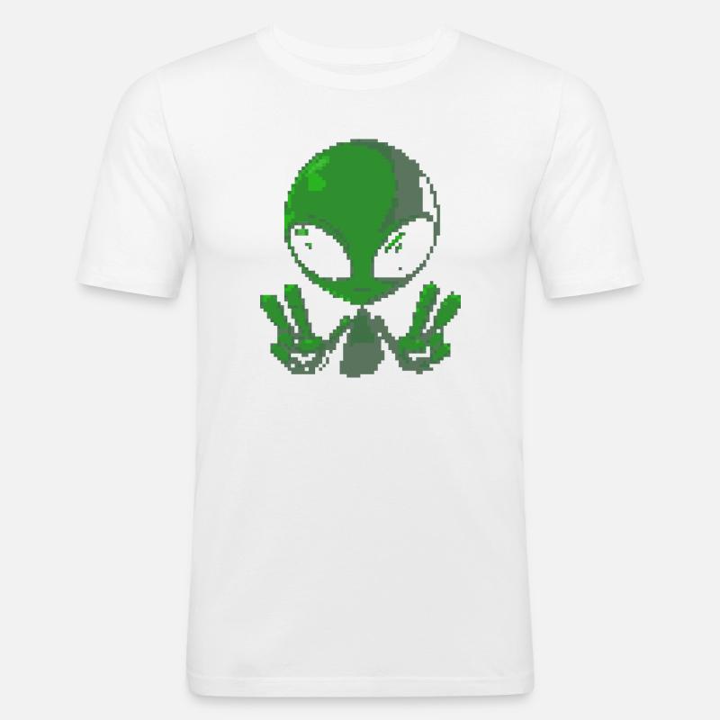 Pixel grünes Alien-Friedenszeichen - Männer Slim Fit T-Shirt - Weiß