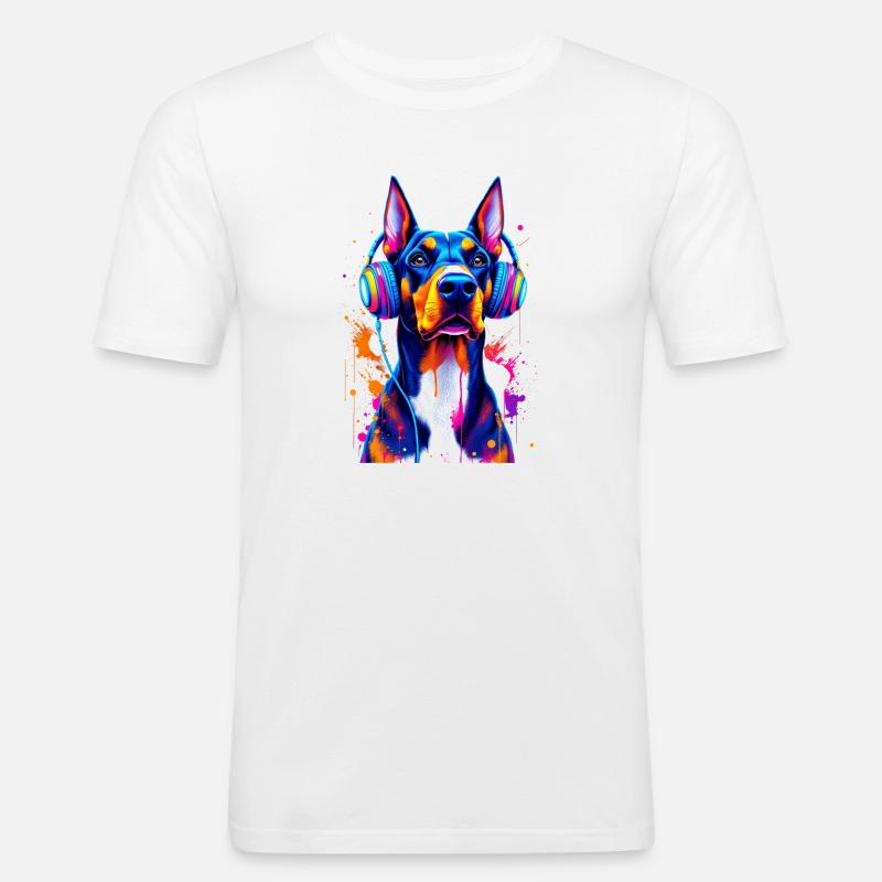 Dobermann mit Kopfhörern - Männer Slim Fit T-Shirt - Weiß