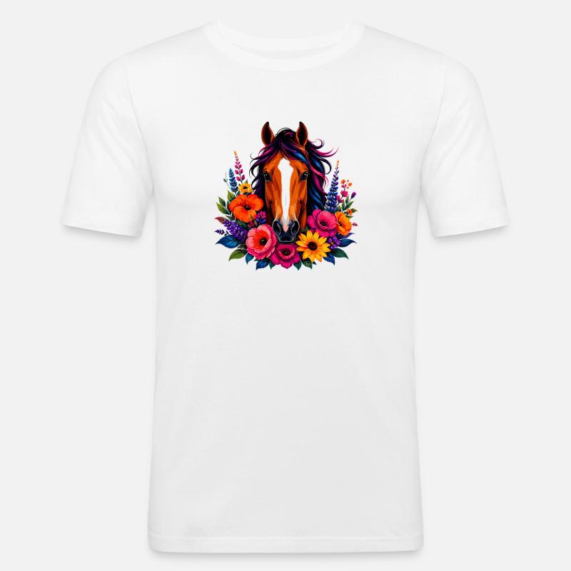 Cheval avec une couronne de fleurs - T-shirt près du corps Homme - blanc