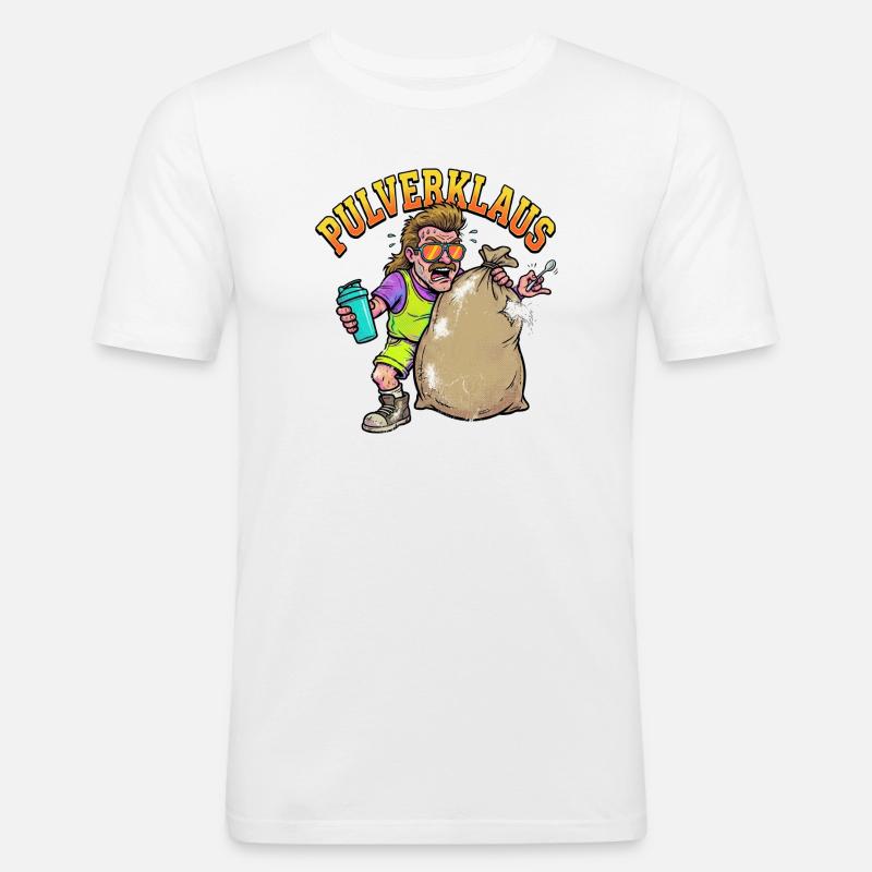 Pulverklaus: Protein oder Zauberpulver Gym - Männer Slim Fit T-Shirt - Weiß