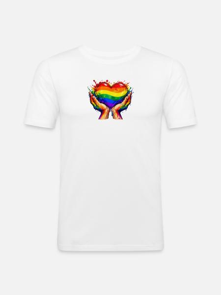 Regenbogenherz in schimmernden Händen - Männer Slim Fit T-Shirt - Weiß