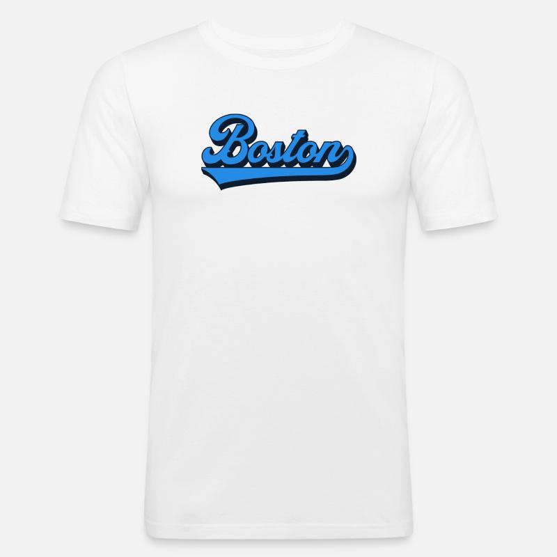 Boston Blau Script Retro - Männer Slim Fit T-Shirt - Weiß