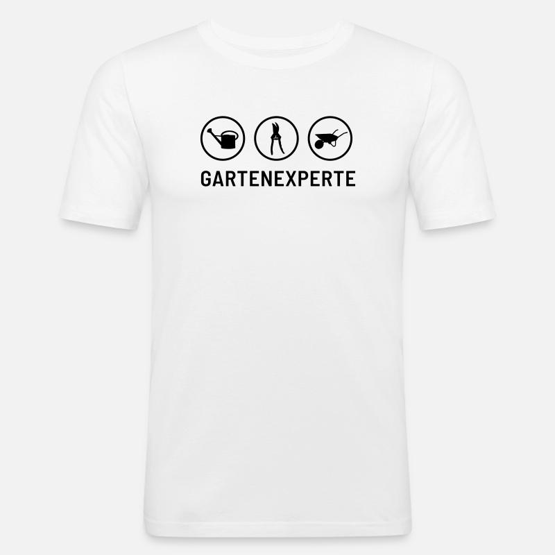 Gartenexperte: Gießkanne, Heckeschere, Schubkarre - Männer Slim Fit T-Shirt - Weiß