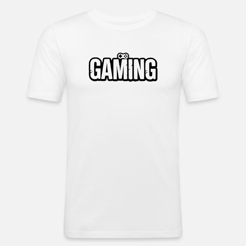 Gaming_Schrift_mit_Conroller - Männer Slim Fit T-Shirt - Weiß
