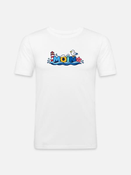 MOIN Möwe Leuchtturm Maritim Bunt - Männer Slim Fit T-Shirt - Weiß