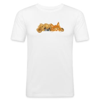 Pekingese dog and Ginger Maine Coon cat - Men's Slim Fit T-Shirt - white - Front - Nik (191cm)
