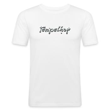 Tempelhof Liquid Chrome Typography - Männer Slim Fit T-Shirt - Weiß - Vorne - Nik (191cm)