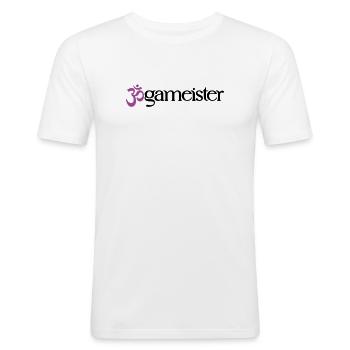 Jogameister - Typografisches OM (3-Farbig) - Männer Slim Fit T-Shirt - Weiß - Vorne - Nik (191cm)
