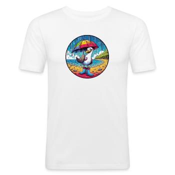 Cheerful seagull with rubber boots and umbrella - Men's Slim Fit T-Shirt - white - Front - Nik (191cm)