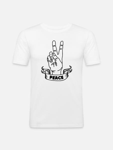 Handgeste Frieden und Textbanner - Männer Slim Fit T-Shirt - Weiß