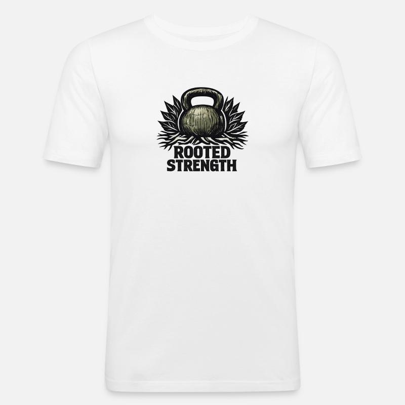 Rooted Strength: Eco-Primal Kettlebell Design - Männer Slim Fit T-Shirt - Weiß
