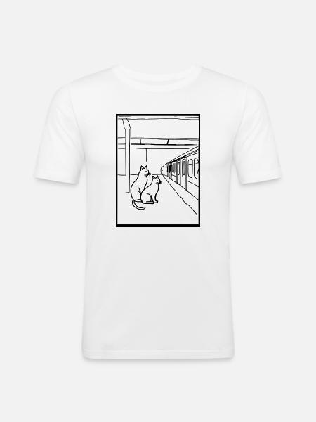Cats Train Station Waiting Line Art - Men's Slim Fit T-Shirt - white