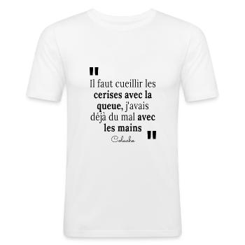 Il faut cueillir les cerises avec la queue - T-shirt près du corps Homme - blanc - Devant - Nik (191cm)