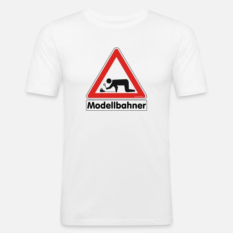 Warnschild "Modellbahner E Lok" - Männer Slim Fit T-Shirt - Weiß