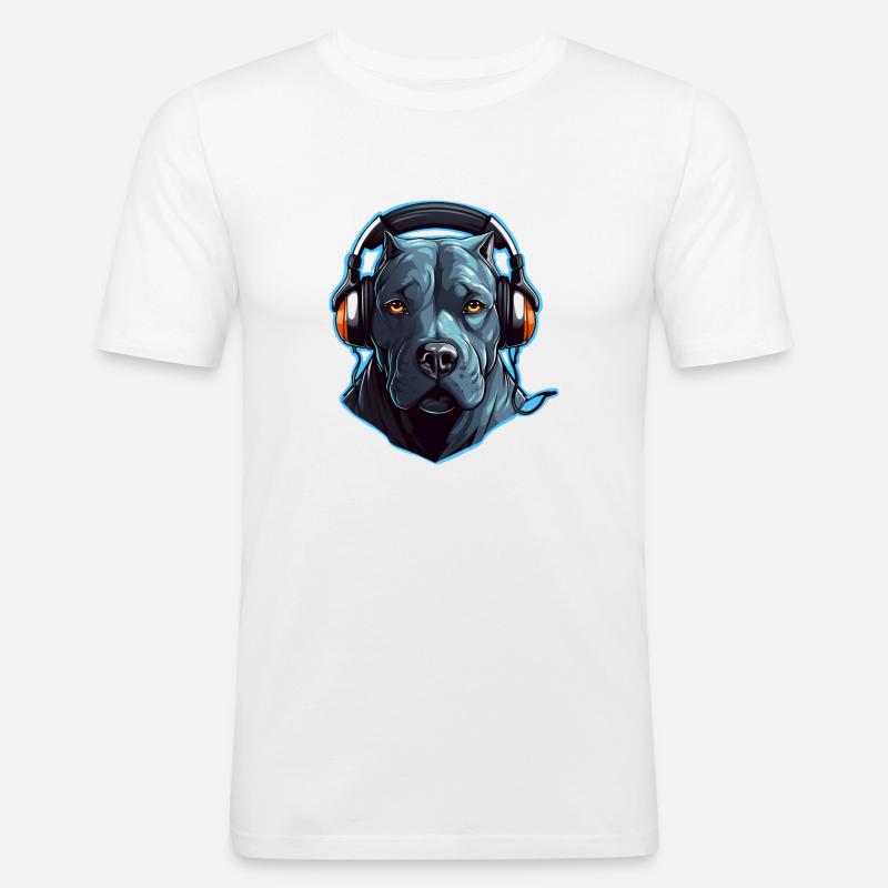 Cooler Pitbull mit Kopfhörern - Männer Slim Fit T-Shirt - Weiß