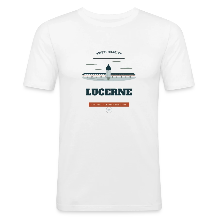 Lucerne badge on a men's slim fit t-shirt, white