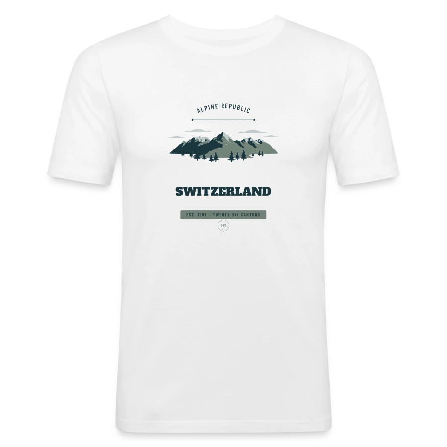 Switzerland badge on a men's slim fit t-shirt, white