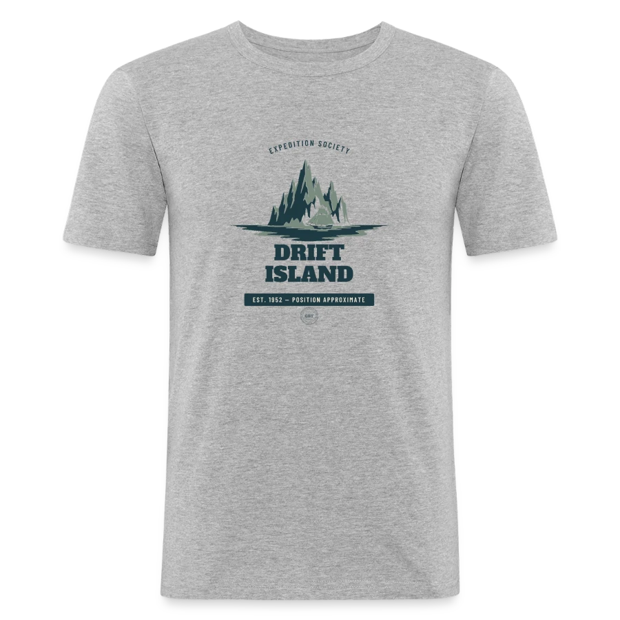 Drift Island badge on a men's slim fit t-shirt, heather grey, front