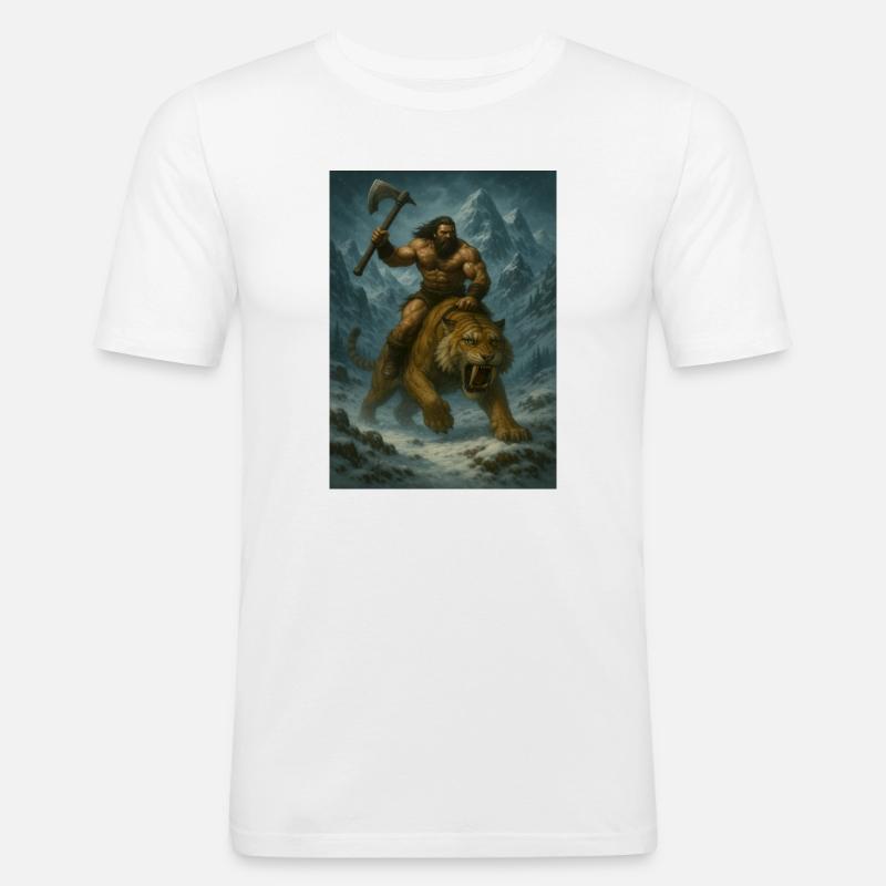 Wilder Krieger auf Sabertooth Tiger – Kunst - Männer Slim Fit T-Shirt - Weiß