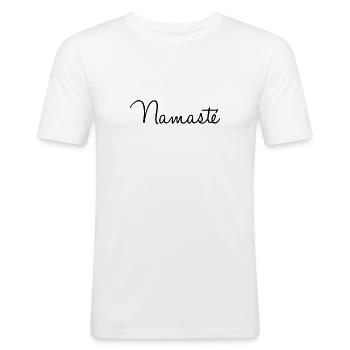 namaste - Mannen slim fit T-shirt - wit - Voor - Nik (191cm)