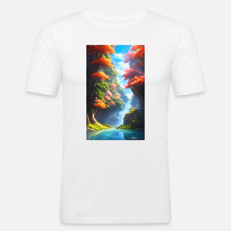Üppiger & bunter Anime-Fluss mit Bäumen - Männer Slim Fit T-Shirt - Weiß