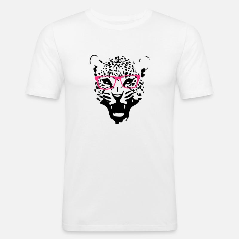 Leopard Nerd Brille 2c - Männer Slim Fit T-Shirt - Weiß