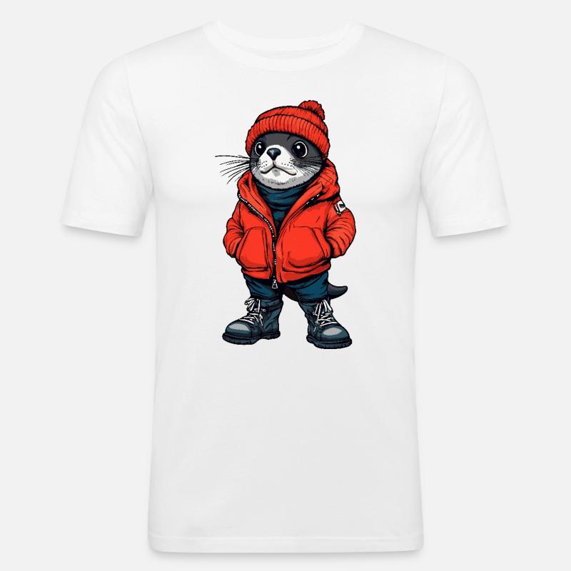 Robbe Tier Lustig Winter - Männer Slim Fit T-Shirt - Weiß