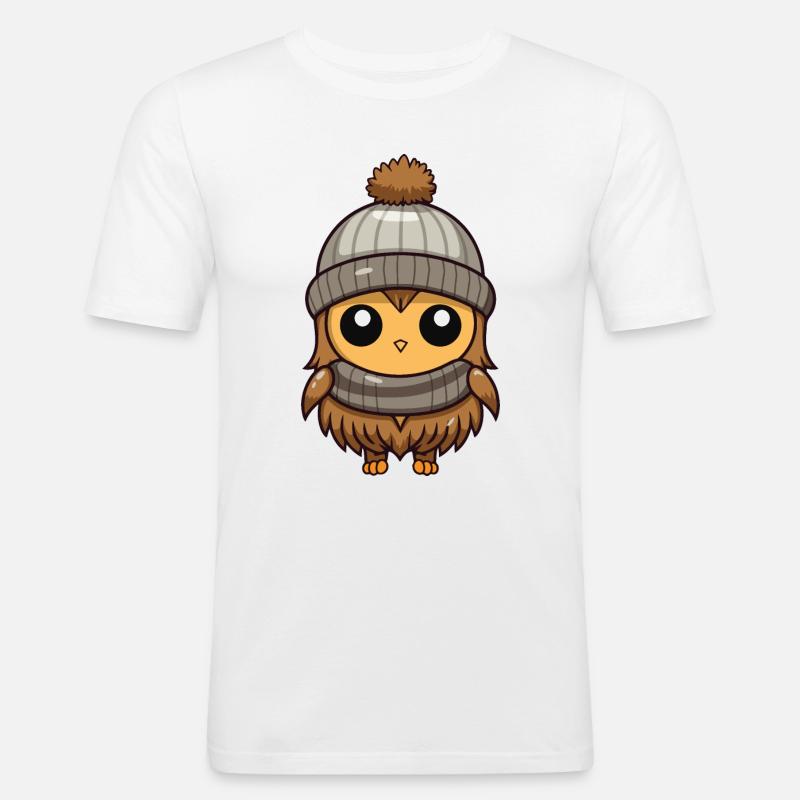 Eule Comic Winter Cozy - Männer Slim Fit T-Shirt - Weiß