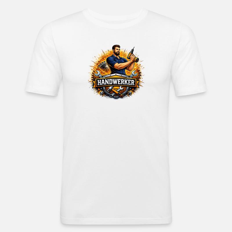 Handwerker Logo – Comic Style mit Bohrer - Männer Slim Fit T-Shirt - Weiß