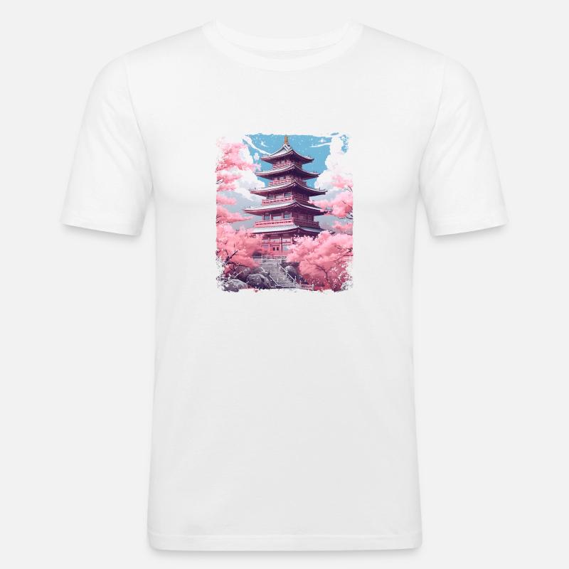 Kirschblüten-Sakura-Baum in einer Tempel-Dampfwelle - Männer Slim Fit T-Shirt - Weiß