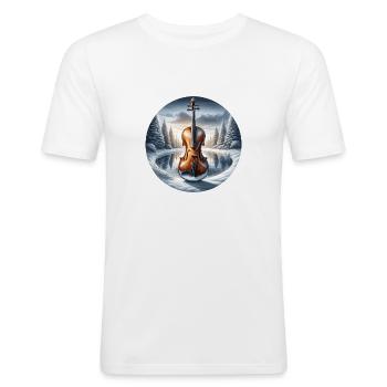 Geige vor winterlicher Schneelandschaft - Männer Slim Fit T-Shirt - Weiß - Vorne - Nik (191cm)