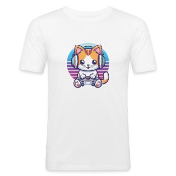 Katze gaming retro background - Männer Slim Fit T-Shirt - Weiß - Vorne - Nik (191cm)
