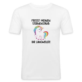Fresst meinen Sternenstaub - Lustiges Einhorn-Desi - Männer Slim Fit T-Shirt - Weiß - Vorne - Nik (191cm)