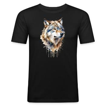 Grauer Wolf Aquarell - Wild und frei - Männer Slim Fit T-Shirt - Schwarz - Vorne - Nik (191cm)