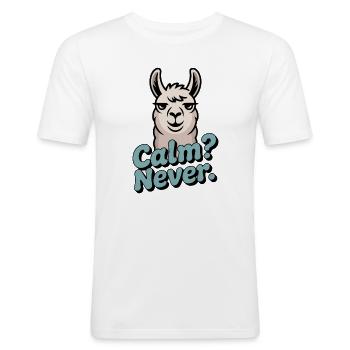 Calme? Jamais. – Zéro sérénité - T-shirt près du corps Homme - blanc - Devant - Nik (191cm)