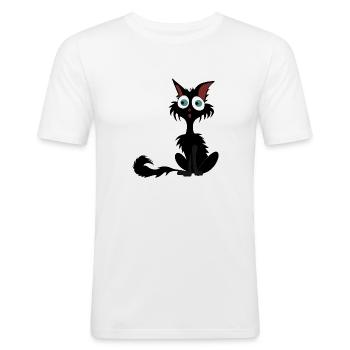 Zerzauste schwarze Katze mit riesigen Augen - Männer Slim Fit T-Shirt - Weiß - Vorne - Nik (191cm)