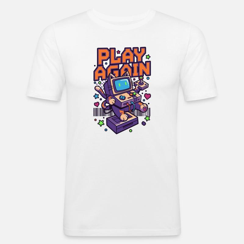 Play Again: Retro Katzen-Arcade - Männer Slim Fit T-Shirt - Weiß