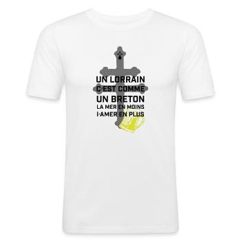 Croix lorraine et chope jaune - T-shirt près du corps Homme - blanc - Devant - Nik (191cm)
