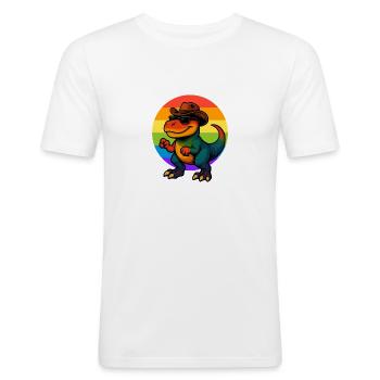 T-Rex Cowboy CSD Regenbogen Gay Pride - Männer Slim Fit T-Shirt - Weiß - Vorne - Nik (191cm)