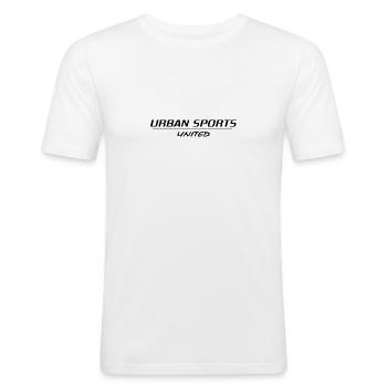 Urban Sports United (Schwarzes Logo) - Männer Slim Fit T-Shirt - Weiß - Vorne - Nik (191cm)