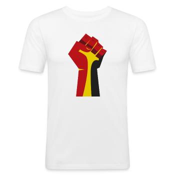 The Raised Fist (Red, Yellow, Black) - Men's Slim Fit T-Shirt - white - Front - Nik (191cm)